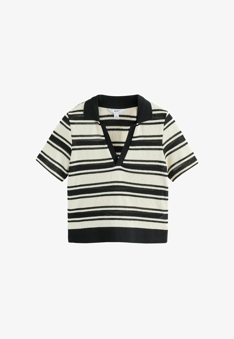 Kurzärmeliges Strickoberteil mit schwarzen und weißen horizontalen Streifen, tiefem V-Ausschnitt mit schwarzem Kragen und schwarzem Saum.