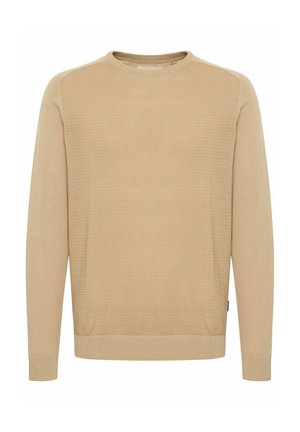 Pulover bej tricotat cu guler rotund, mâneci lungi și textură cu dungi; are un tiv drept și detalii de design minimaliste.