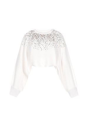 Weißer, verkürzter Pullover mit langen, weiten Ärmeln, der ein mit Pailletten verziertes Design auf den Schultern für zusätzlichen Detailreichtum und Textur aufweist.