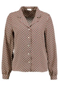 Camicia button-up color crema con motivo floreale rosso e nero. Presenta maniche lunghe, colletto e una vestibilità ampia. Realizzata in tessuto leggero.