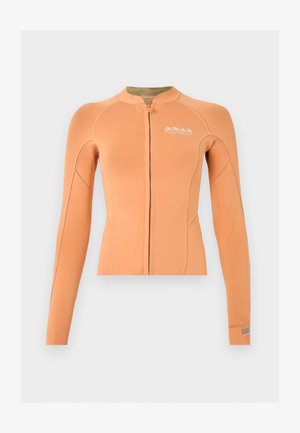 Μπουφάν ισοθερμίας μακρυμάνικο, σε ροδακινί χρώμα, με φερμουάρ μπροστά και λογότυπο Billabong στο στήθος και το μανίκι, πάνω σε απλό φόντο.