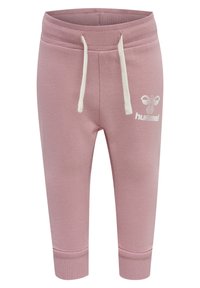 Rosa sweatpants i mjukt tyg, med ett vitt dragsko, ribbade muddar och en liten vit logotyp på vänster höft.