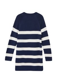 Pull rayé bleu marine et blanc avec des manches longues, un col rond et un tricot texturé. Présente des rayures horizontales régulières et une coupe décontractée.