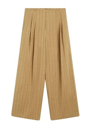 Pantalon large couleur beige à fines rayures verticales, devant plissé et taille haute, présenté sur un fond blanc.