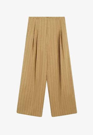 Pantalon large couleur beige à fines rayures verticales, devant plissé et taille haute, présenté sur un fond blanc.