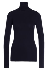 Marineblaues geripptes Rollkragenpullover mit langen Ärmeln, figurbetontem Design und weicher Textur. Keine sichtbaren Muster oder Hardware-Details.