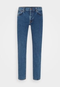Blå denimjeans med rak bendesign, medelhög midja, femfickorslayout och subtila sömnadsdetaljer.