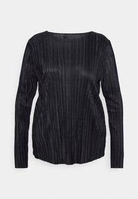 Maglietta nera a maniche lunghe con un design a coste testurizzato. Presenta un'ampia scollatura e un orlo leggermente svasato per un fit rilassato.