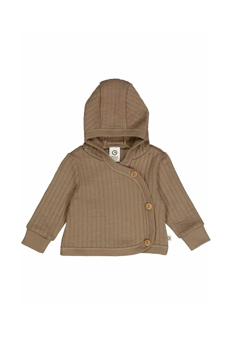 Kapuze Babysch jacket aus weichem braunem Rippstoff. Merkmale ein gewickeltes Design mit drei großen Holzknöpfen und umgeschlagenen Ärmeln.