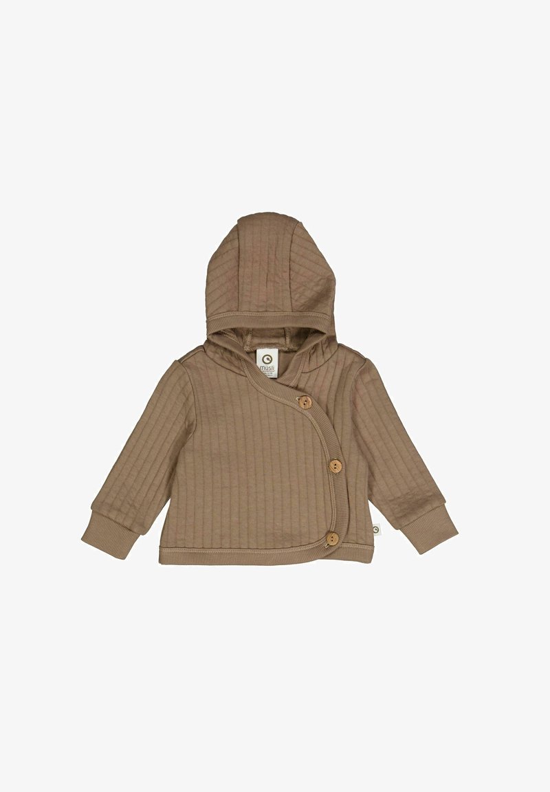 Kapuze Babysch jacket aus weichem braunem Rippstoff. Merkmale ein gewickeltes Design mit drei großen Holzknöpfen und umgeschlagenen Ärmeln.