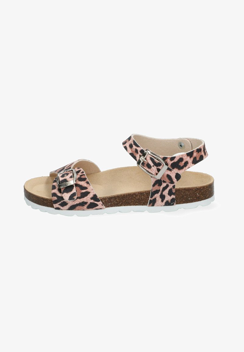 Leopard print sandals with two adjustable buckles, cork footbed, and a white rubber sole. Open design for breathability.