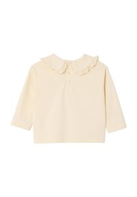 Long-sleeve cream top featuring a rounded collar with lace trim and a button placket at the back. Soft cotton material with a smooth texture.