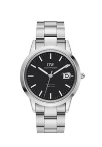 Montre en acier inoxydable argenté avec un cadran noir, des index horaires et une fenêtre de date. Mouvement automatique, design de bracelet élégant.