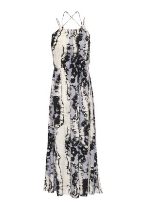 Maxi-jurk in een tie-dye patroon met zwart, wit en grijstinten. Gemaakt van lichtgewicht stof met spaghettibandjes en een elastische taille.