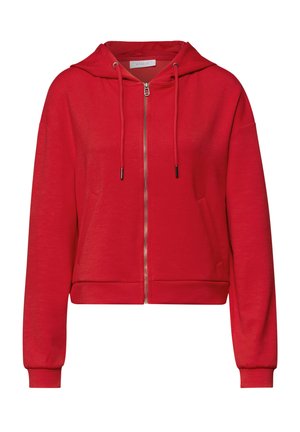 Sweat à capuche rouge zippé avec poches frontales, capuche avec cordon de serrage, et poignets et ourlet côtelés, présenté sur un fond blanc uni.