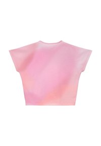 Roze cropped T-shirt met een gradientontwerp, korte mouwen en een ronde halslijn. Zachte textuur en gladde stof zonder zichtbare patronen.