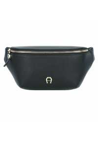 Borsa a vita in pelle nera texturizzata con zip dorata e piccolo logo dorato centrato sul davanti.