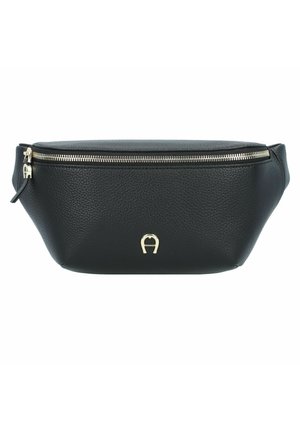 Schwarze, strukturierte Leder-Taillentasche mit goldenem Reißverschluss und kleinem, goldenen Logo in der Mitte der Vorderseite.