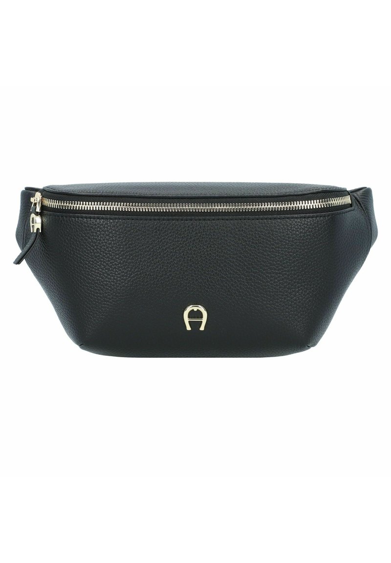 Borsa a vita in pelle nera texturizzata con zip dorata e piccolo logo dorato centrato sul davanti.