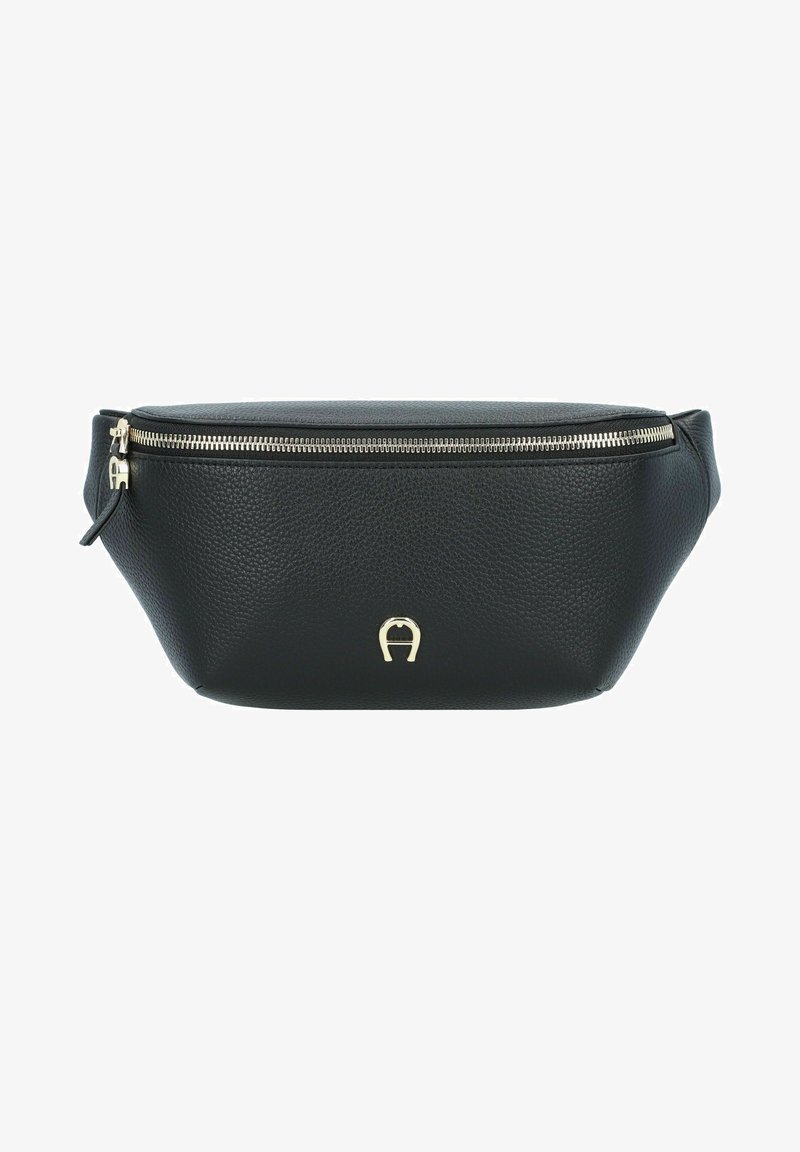 Borsa a vita in pelle nera texturizzata con zip dorata e piccolo logo dorato centrato sul davanti.