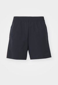 Pantalones cortos azul marino hechos de tela ligera, con cinturilla elástica, bolsillos laterales y un ajuste relajado. Dobladillo plano sin estampados.