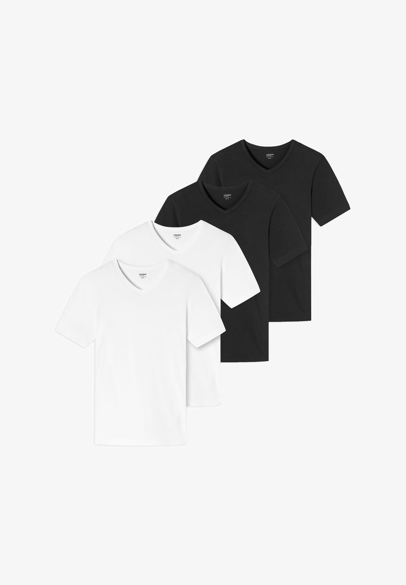 Set med fyra v-ringade t-shirts i svart och vitt. Mjuk tyg, kort ärm, med en enkel design och utan synliga mönster eller detaljer.