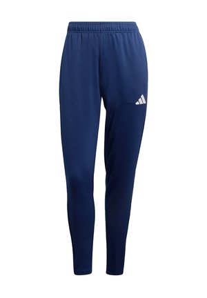 Pantaloni sportivi blu navy con vestibilità affusolata, vita elastica e logo Adidas bianco sulla coscia destra. Realizzati in materiale liscio e leggero.