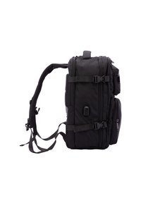 Black backpack with multiple compartments, zippers, padded straps, and reinforced base. Features adjustable straps and front buckle closure.