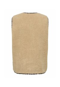 Veste en polaire sherpa beige avec bords arrondis et une bordure subtile imprimé léopard autour de l'encolure et de l'ourlet.