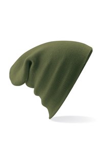 Green knit beanie with a slouchy design. Ribbed texture, soft material, and an elongated shape provide a relaxed fit.