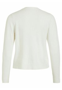 En enfärgad vit långärmad stickad tröja sedd bakifrån, med ribbade mudd och nederkant, mot en vit bakgrund.