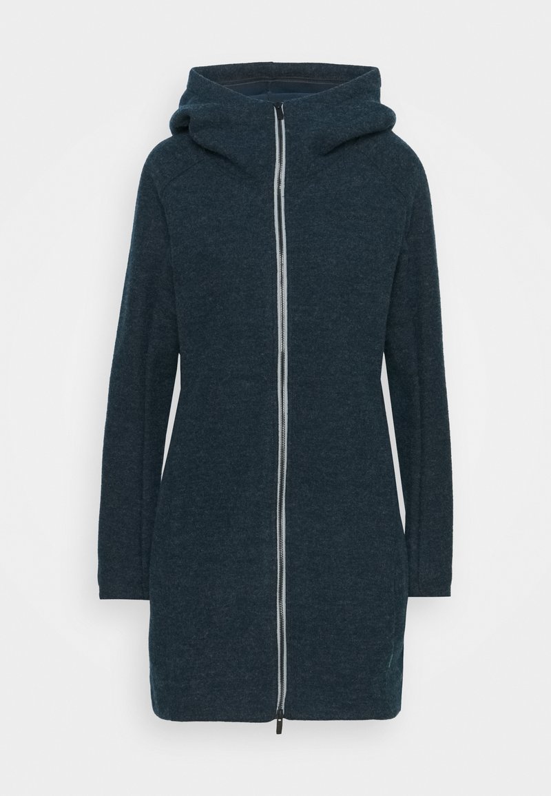 Veste longue à capuche bleu foncé avec fermeture éclair frontale et manches longues, conçue pour temps froid.