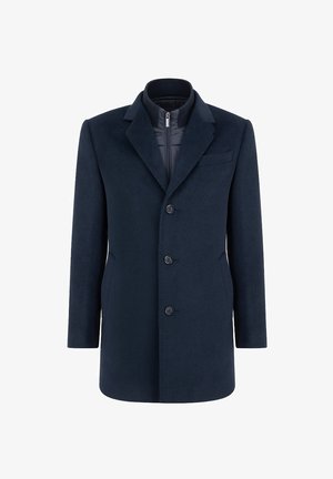 Granatowy płaszcz z mieszanki wełny o dopasowanym kroju, z wyłogami, trzema guzikami, bocznymi kieszeniami i pikowaną podszewką.