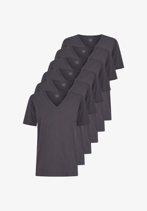 Confezione da otto t-shirt grigio scuro a scollo a V, maniche corte, realizzate in morbido cotone con texture liscia e senza motivi o accenti visibili.