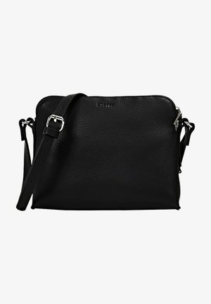 Bolso cruzado de cuero negro con correa ajustable, hebilla plateada, cierre de cremallera y un sutil logo en relieve de Esprit en el frente.