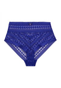 Culotte taille haute en dentelle bleu profond, ornées de motifs géométriques complexes, de bords festonnés et d'un accent métallique décoratif à l'avant.