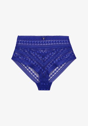Culotte taille haute en dentelle bleu profond, ornées de motifs géométriques complexes, de bords festonnés et d'un accent métallique décoratif à l'avant.