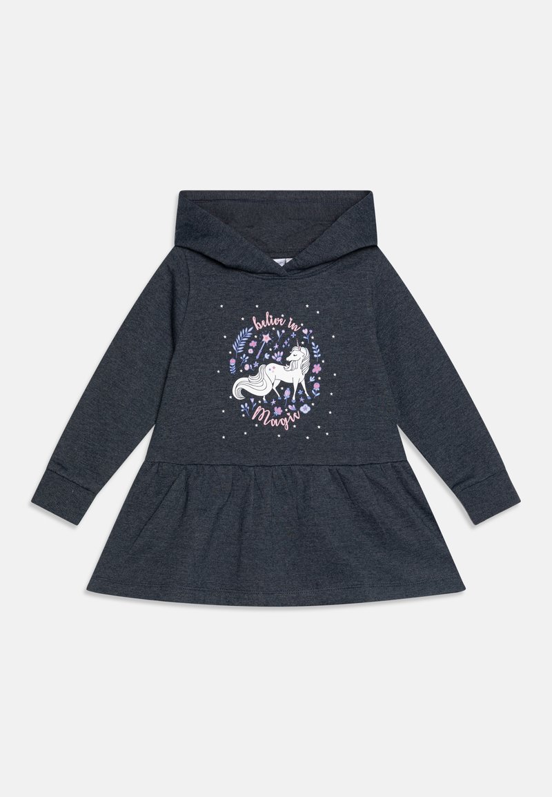 Tamsiai pilkas suknelės tipo džemperis su ilgomis rankovėmis, platėjanti sijono dalis ir vienaragio grafika su užrašu "Tikėk magija" bei gėlės akcentais.