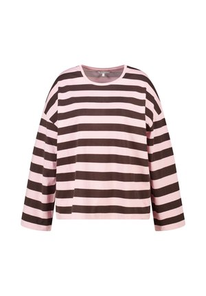 Chemise à manches longues et col rond avec de larges rayures horizontales rose et marron foncé.