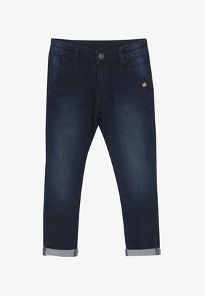 Donkerblauwe denim broek met een zachte textuur, voorzien van een knoopsluiting, frontzakken en opgerolde boorden met een grijze accent.