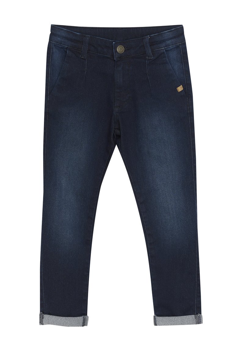 Mörkblå denimbyxor med en slät yta, med knappstängning, framfickor och uppvikta manschetter med grå detalj.