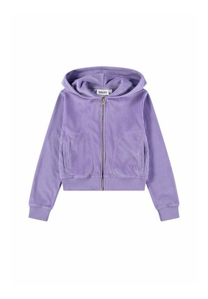 Sweat à capuche lilas zippé avec capuche, manches longues, poches avant, poignets côtelés et petit logo brodé sur la poche gauche.