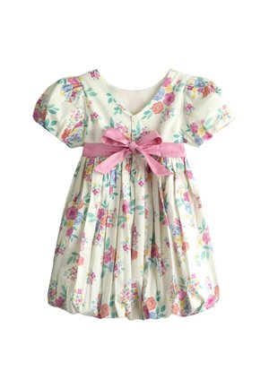 Kvetinové šaty s krátkymi naberanými rukávmi, výstrihom do V a ružovou stužkou v páse. Jasne farebné kvety na béžovom pozadí s plisovanou sukňou.