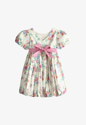 Lilleline kleit lühikeste puffvarrukatega, V-kaelusega ja roosa vööpaelaga. Ere värviliste lilledega beežil taustal, volditud seelikuga.