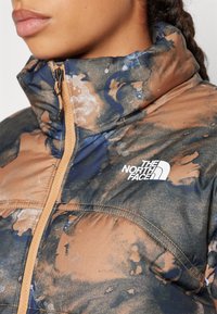 Närbild av en person som bär en flerfärgad brun och blå North Face-puffjacka med en beige dragkedja, som visar den övre bröstkorgen och nacken.