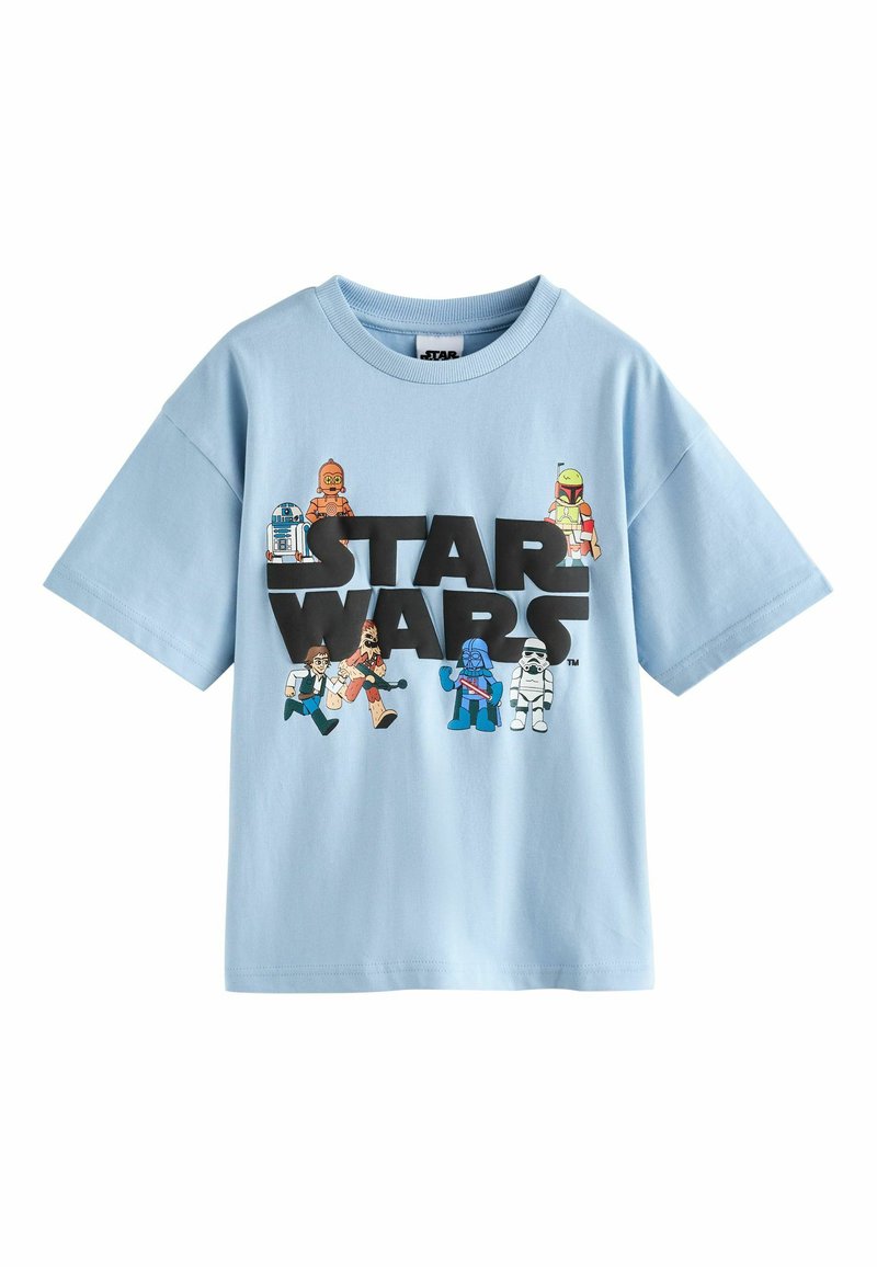 Tricou din bumbac de culoare bleu deschis, cu un print grafic ce prezintă diverse personaje și "STAR WARS" scris cu litere negre îndrăznețe. Mâneci scurte, guler rotund.