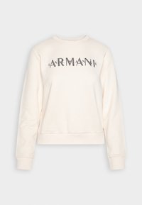 Sudadera de color crema claro con cuello redondeado, puños y dobladillo de canalé, con "ARMANI" impreso en letras negras estilizadas en la parte frontal.