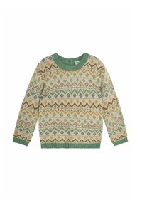Kootud sveter ümarate krae, millel on mitmevärviline teemant- ja sahhi pattern. Värvid hõlmavad rohelise, beeži, pruuni ja siniseid aktsente.