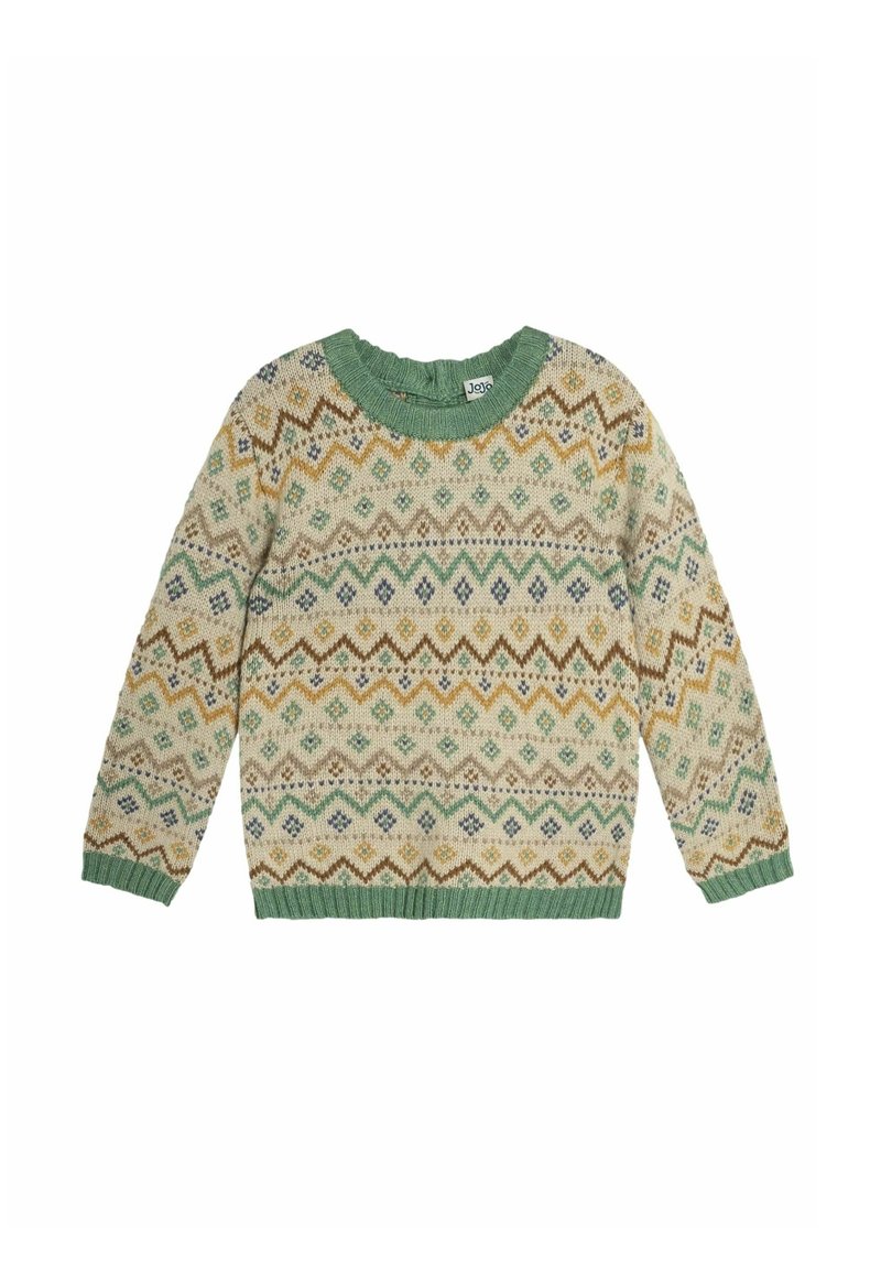 Kootud sveter ümarate krae, millel on mitmevärviline teemant- ja sahhi pattern. Värvid hõlmavad rohelise, beeži, pruuni ja siniseid aktsente.