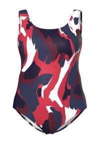 Yksiosainen uimapuku, jossa on leveät hihnat, ja joka esittelee rohkeaa abstraktia kuviota punaisessa, merireiässä ja valkoisessa. Valmistettu sileästä, joustavasta materiaalista.